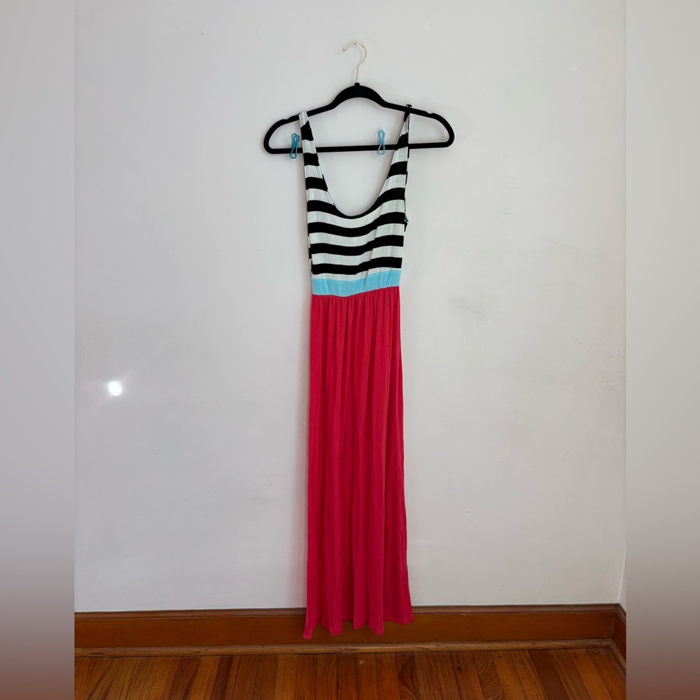 Bellamie Black and White Striped Top with Pink Maxi Dress